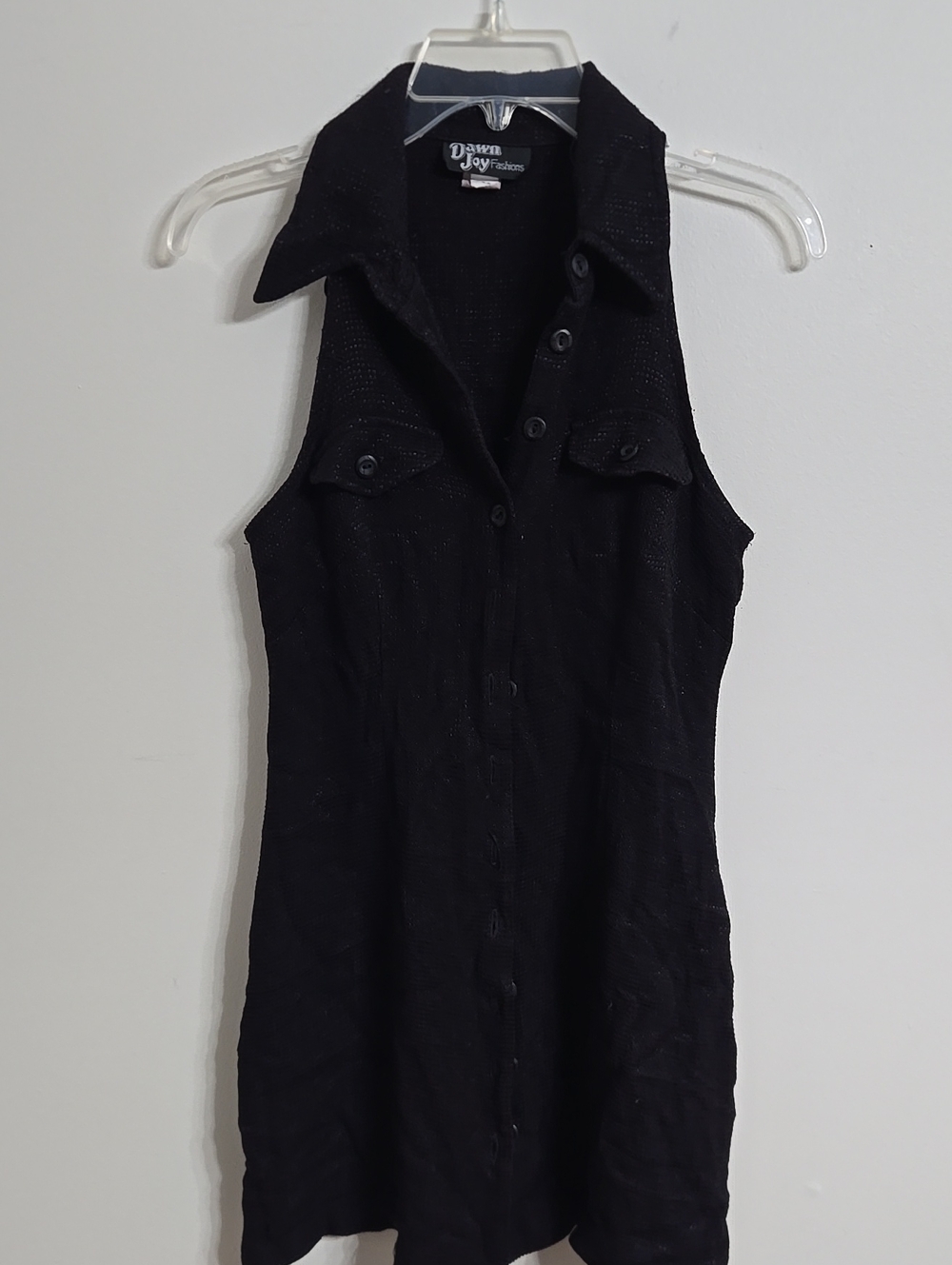 Vintage 90s Dawn Joy Fashions Black Sleeveless Collared Button Front Mini Dress
